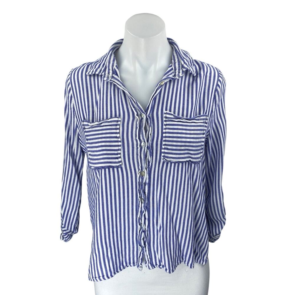 Love Tree Women's Blue White Striped Long Sleeve Button Up Shirt Top Size S